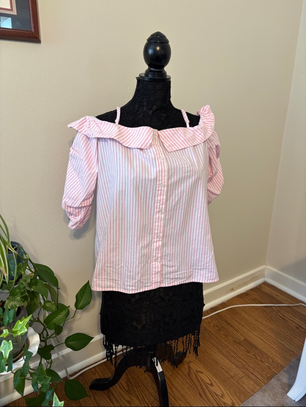 Striped Pink Off-Shoulder Button-Front Blouse